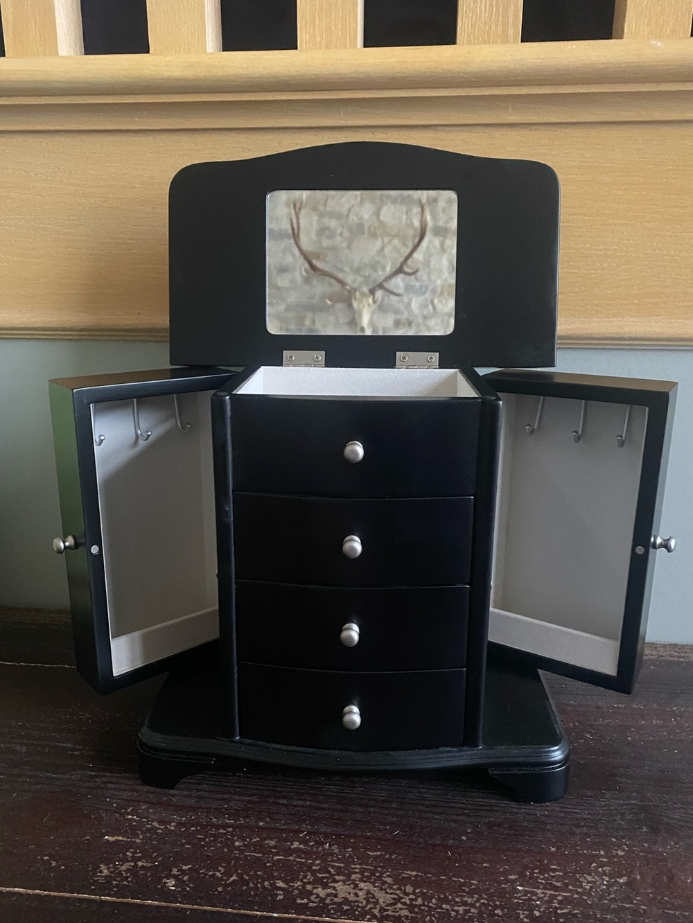 Black Jewelry Armoire Chest with Mirror and Side Hooks